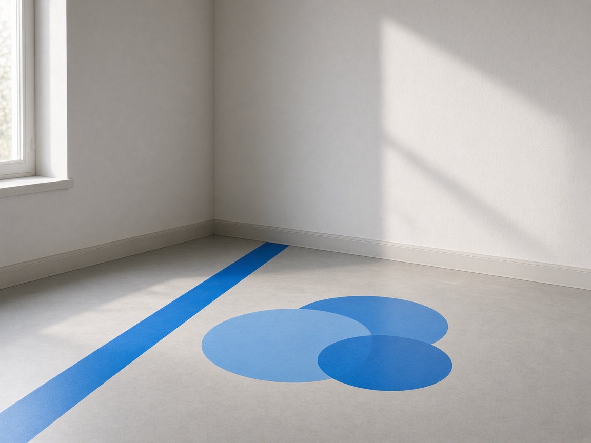 Pale studio corner with a blue floor lane and circular marks